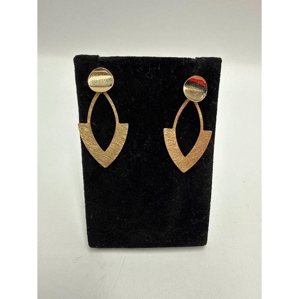 Gold Tone Geometric Drop Earrings Brushed Metal Architectural‎ Marquise Dangle
